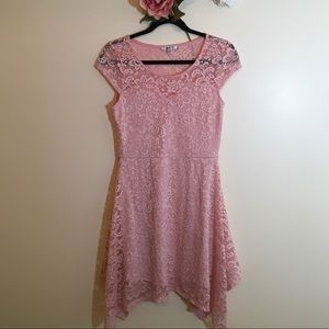 PAPAYA  Pink lace dress with handkerchief skirt